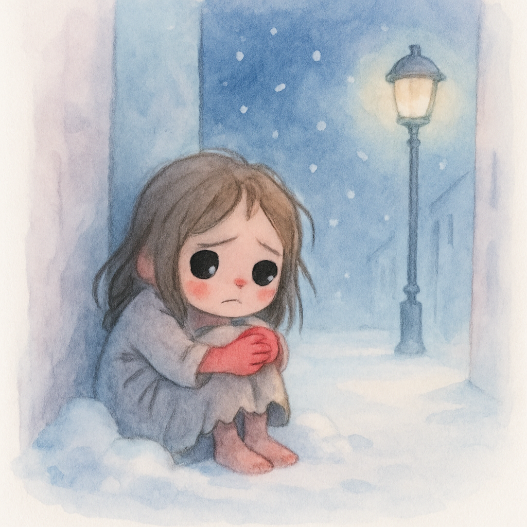 어두워진 거리, 건물 모퉁이에 웅크리고 앉은 소녀